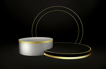 Black, grey and gold cylinder product display with luxury concept, abstract geometric background, circle frame, pedestal, podium, stand. 3D Rendering. Background for creativity and advertising