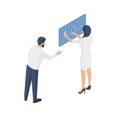 Cartoon colleagues analyzing financial graph. Isometric illustration