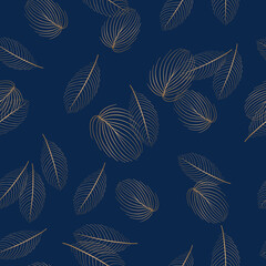 Seamless pattern with hand drawn gold  leaves for textile, wallpapers, gift wrap and scrapbook. Dark blue background. Vector illustration.
