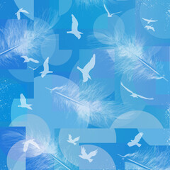 Abstract light blue background with white flying birds and falling feathers