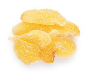 Dried ginger with sugar isolated on white background.
