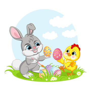 Little cute funny characters chicken and rabbit vector