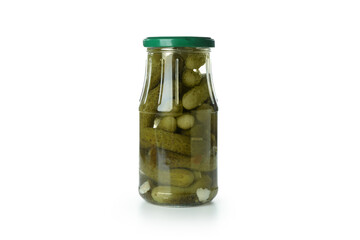 Jar with pickled cucumbers isolated on white background