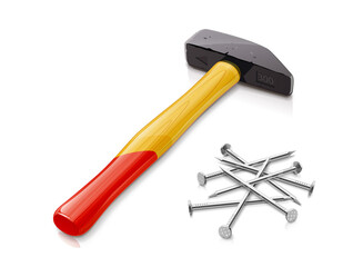 Iron Hammer with Wooden Handle and nails. Instrument for Nail. Tool for hand work. Isolated on White Background. Eps10 vector illustration.