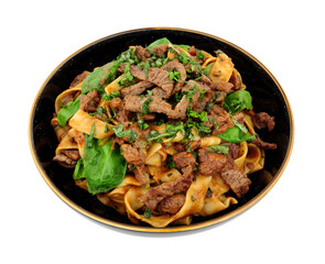 Steak ragu with pappardelle pasta isolated on a white background