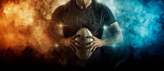 Man rugby player. Sports banner - 414616974