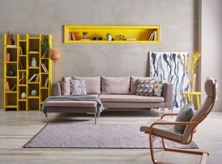 Grey stone wall and sofa style with yellow detail niche bookshelf, carpet design, home decoration interior style.