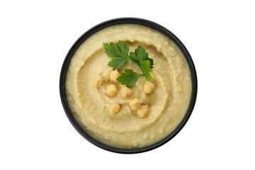 Bowl of fresh hummus isolated on white background