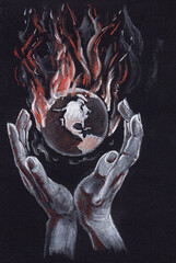 Allegorical symbolic meaning. The planet Earth is in women's hands. it is in danger and is engulfed in flames