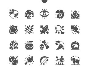 Prehistoric. Stone cave, mammoth, torch and dinosaurs. Evolution era. Fishing with spear. Prehistoric tableware. Vector Solid Icons. Simple Pictogram