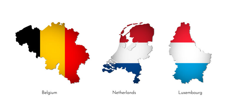 Vector illustration set with isolated silhouettes of Benelux Union maps (simplified shapes). National flags of Belgium, Netherlands, Luxembourg. White background and names of countries