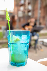Blue glass on a terrace and bar.