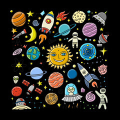 Space Background. Planets of the solar system. Rockets and astronauts