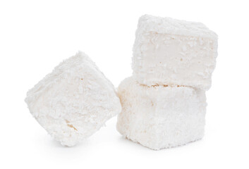 White Turkish delight with coconut shavings isolated on white