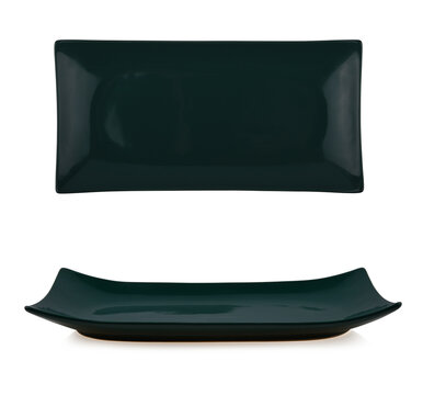 Empty black rectangle ceramic plate isolated on white background.