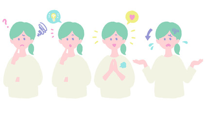 手描き　女性　表情　ポーズ　4パターン