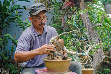 Asian bonsai artist repotting a bonsai tree. Bonsai on the rock concept