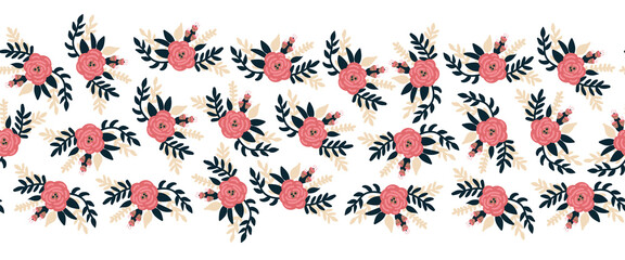 Seamless vector border flat rose flowers pink horizontal. Romantic florals leaves old rose pink color repeating pattern. Peony flowers hand drawn cute illustration for banners, fabric trim, footer .