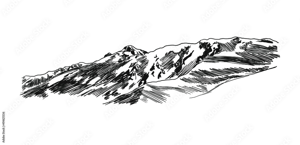 Wall mural Vector Hill Sketch, Mountains Illustration, Vintage Style Drawing Isolated on White Background, Climbing Mountain Concept.
