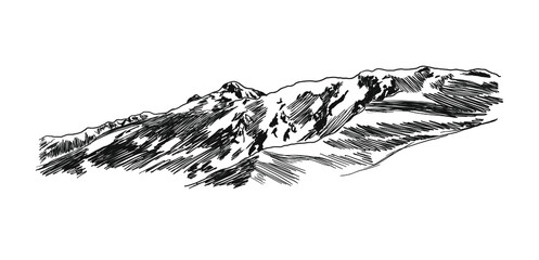 Vector Hill Sketch, Mountains Illustration, Vintage Style Drawing Isolated on White Background, Climbing Mountain Concept.
