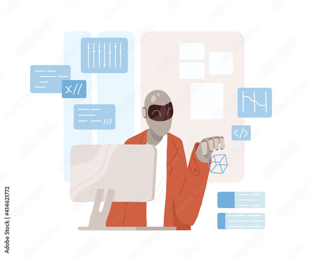 Aufkleber Smart humanoid robot works at computer with a virtual interface in augmented reality. Futuristic artificial intelligence concept. Colored flat vector illustration isolated on white background