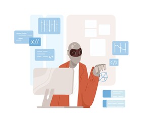 Smart humanoid robot works at computer with a virtual interface in augmented reality. Futuristic artificial intelligence concept. Colored flat vector illustration isolated on white background