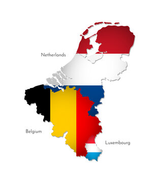 Vector illustration with isolated silhouettes of Benelux Union on map (simplified shape). National flags of Belgium, Netherlands, Luxembourg. White background and names of countries