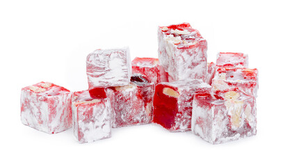 Close up of red Turkish Delight sweets isolated on white