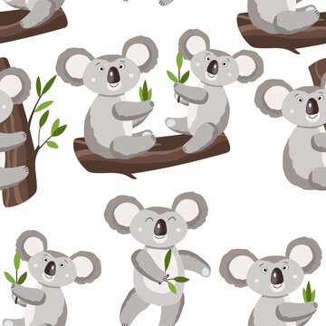 Seamless pattern with cute koala baby on white background. Funny australian animals. Card, postcards for kids. Flat vector illustration for fabric, textile, wallpaper, gift wrapping paper.