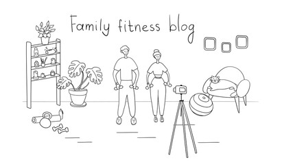 Family fitness blog. Bloggers are recording content for their video blog. Athletes are broadcasting to their subscribers with camera on tripod. Fitness and healthy lifestyle concept. Vector