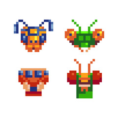 Insect heads. Pixel art 80 style set. Isolated vector illustration. Video game assets. 8-bit sprite. Sticker, logo and embroidery design. 