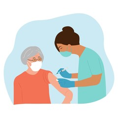 Fototapeta premium Vaccine elderly. Doctor holds an injection vaccination senior. Vaccination concept. Vector illustration.