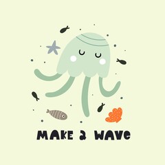 Naklejka premium make a wave. cartoon octopus, hand drawing lettering. colorful vector illustration, flat style. Baby design for cards, print, posters, logo, cover