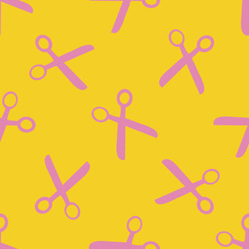 Scissors vector seamless pattern background. Cutting tool symbols pink yellow backdrop. Simple duotone illustration. Sewing craft, hobby, kids or todder education themed concept. All over print