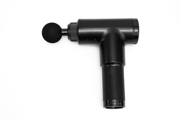 massage gun on a white background. medical-sports device helps to reduce muscle pain after training, helps to relieve fatigue, affects problem areas of body, improves condition of skin.
