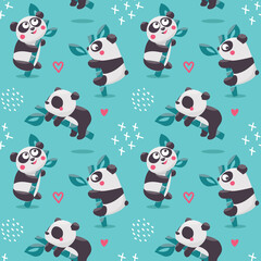 Cute vector seamless pattern with Panda Bears on Bamboo branches, leaves and plants.