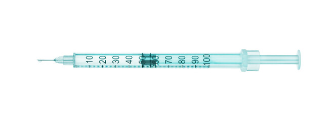 Plastic medical syringe with a needle on a white background