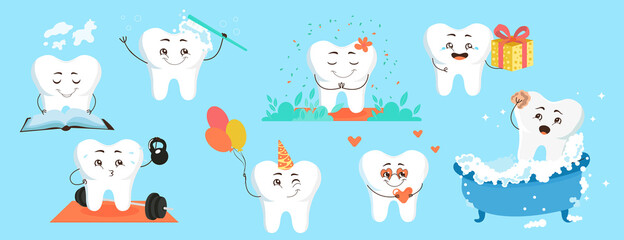 Cute cartoon tooth character for pediatric dentistry. Vector set of illustration of cheerful teeth