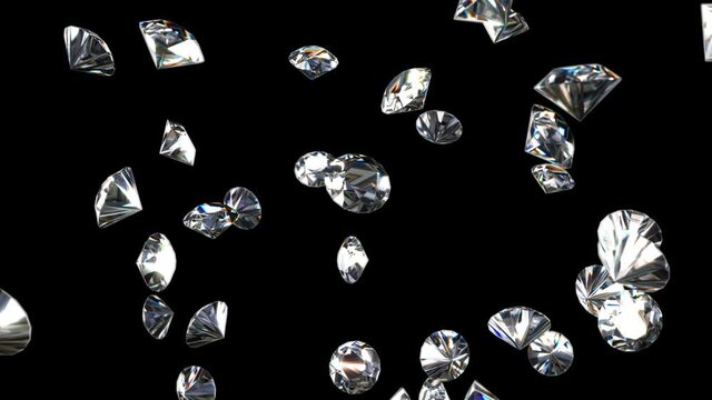 Realistic looping 3D animation of the falling shining diamonds rendered as PNG RGBA. RGB plus Alpha. Transparent background.