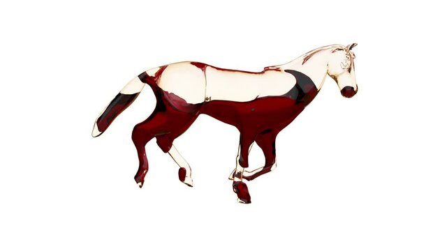 Glass horse filled with red liquid, running seamless loop, against white
