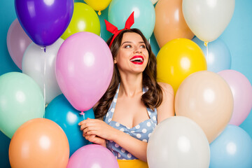 Fototapeta na wymiar Portrait of cheerful candid girl enjoy rest relax festive bachelorette event hold blue pink air ball look copyspace feel rejoice wear retro style skirt on baloons color background
