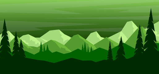 Cartoon mountain landscape with fir trees  in flat style. Design element for poster, card, banner, flyer. Vector illustration