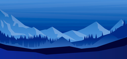 Cartoon mountain landscape with fir trees  in flat style. Design element for poster, card, banner, flyer. Vector illustration