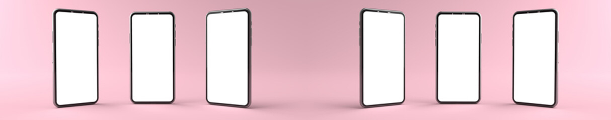 3D rendering of mockups Smartphones white screen on pink floor, Mobile phone lay down on the ground. Smartphones white screen can be used for commercial advertising, Isolated on pink background.