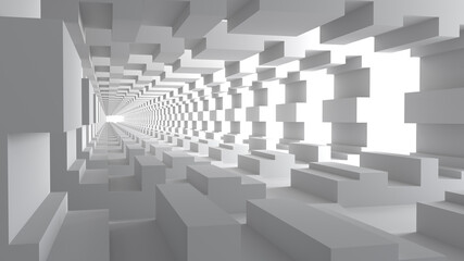 3D rendering of Empty space concrete room and the pathway area indefinitely with the gap and glowing light. Museum space design, the rhythm of the complex square frame and the gap, Geometric structure