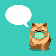 Cartoon character chow chow dog wearing protective face mask with speech bubble for design.