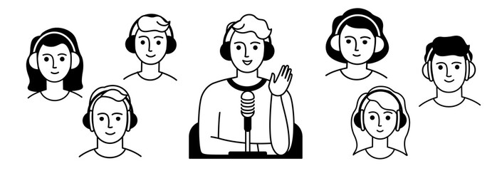 Podcast concept. A podcaster, a blogger with headphones, speaks into a microphone, greets audience, listeners. Flat vector in trendy style