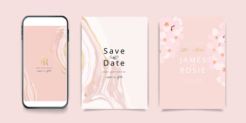 Luxury Pink Social Media, mobile  Wedding invite frame templates. Vector background. Invitation mobile Floral with golden collage layout design.