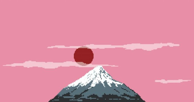Fuji mountain at sunset and the red sun. Japan. Pixel art 8 bit animation