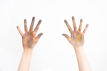 paint stained hands on white background